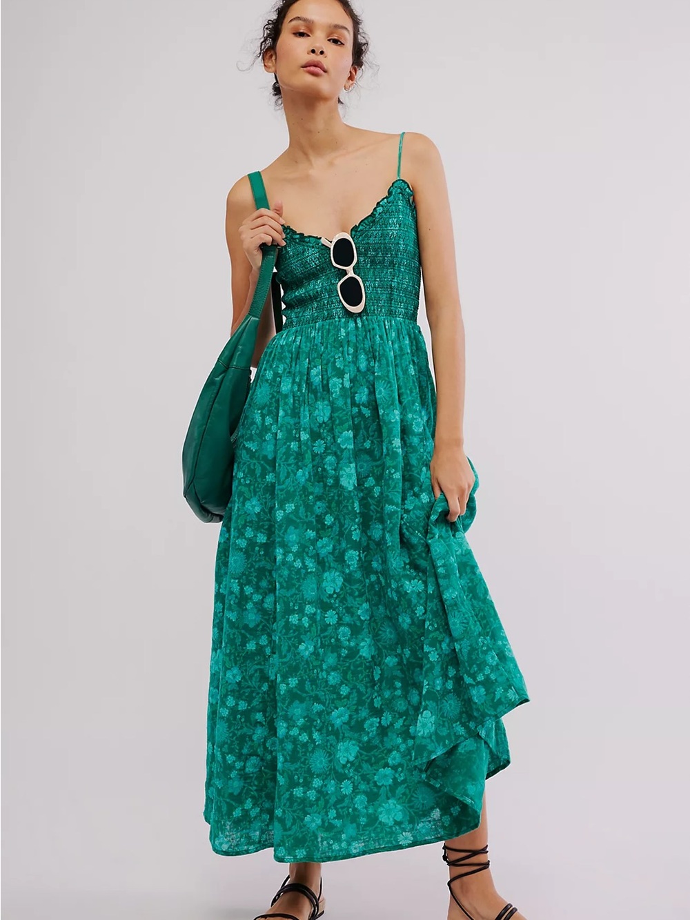 Free People Sweet Nothings Midi Dress L Forest Green Floral Cottagecore - Picture 1 of 9